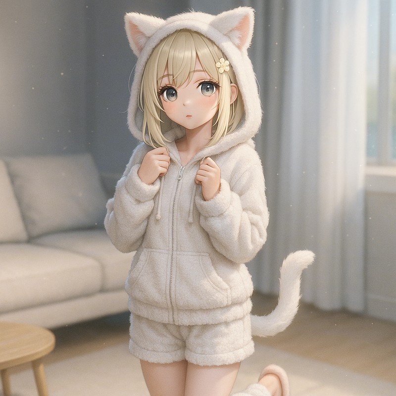 猫耳としっぽ付きパジャマのAIイラスト作例