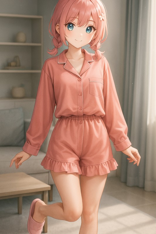 サーモンピンクのフリルショートパンツ付きシャツパジャマ|プロンプト紹介