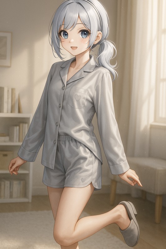 サテンのなめらかグレーパジャマセット(ショートパンツ付き)|プロンプト紹介
