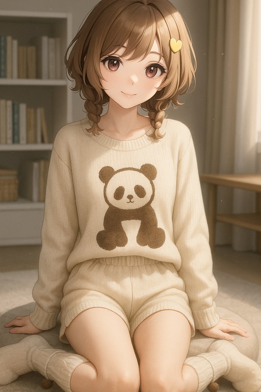 パンダモチーフのニットパジャマ&ハイソックスコーデ|プロンプト紹介