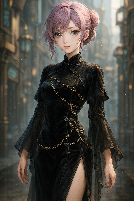黒ベロア×非対称スリット×チェーン装飾のゴシックチャイナドレス|AIイラストプロンプト紹介