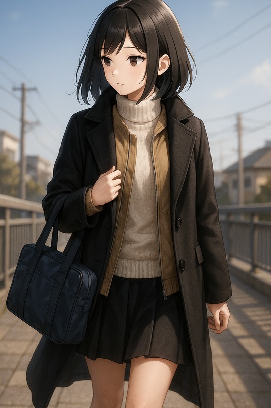 ニットセーターとジャケットの上にコートを重ね着する美少女のAIイラスト