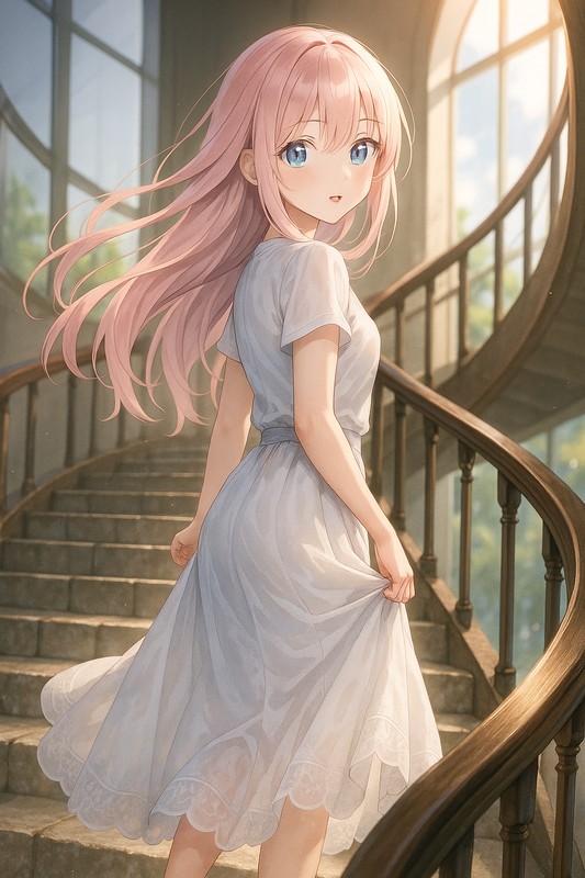 螺旋階段を登る美少女|プロンプト紹介