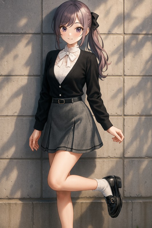 黒カーデ×レースインナーとヘリンボーンスカートのきれいめコーデ|量産型女子AIイラスト