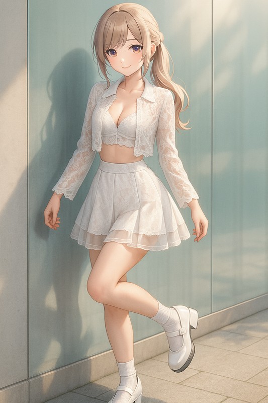総レースクロップド×透けフレアスカートの透明感ホワイト|量産型女子AIイラスト