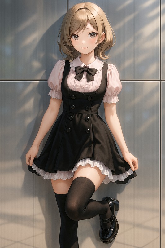 ピンクブラウス×黒ピナフォアの甘辛制服アレンジ|量産型女子AIイラスト