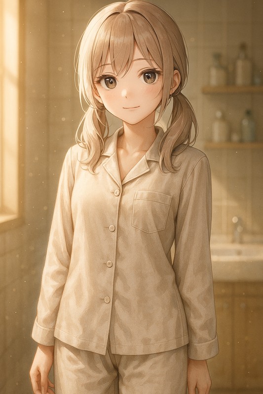 コットン長袖パジャマを着る美少女AIイラスト|プロンプト紹介