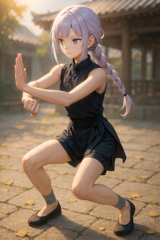 七星步の構えをする美少女AIイラスト|カンフープロンプト紹介