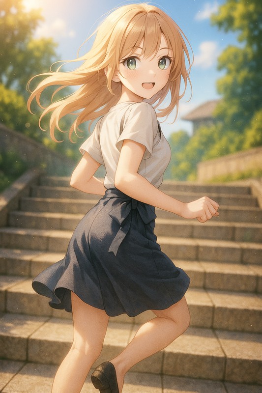 階段を駆け上がる美少女のAIイラスト|プロンプト紹介