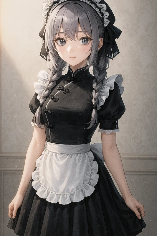 白黒カラー×レースヘッドドレスのゴシック系メイドチャイナドレス|AIイラストプロンプト紹介
