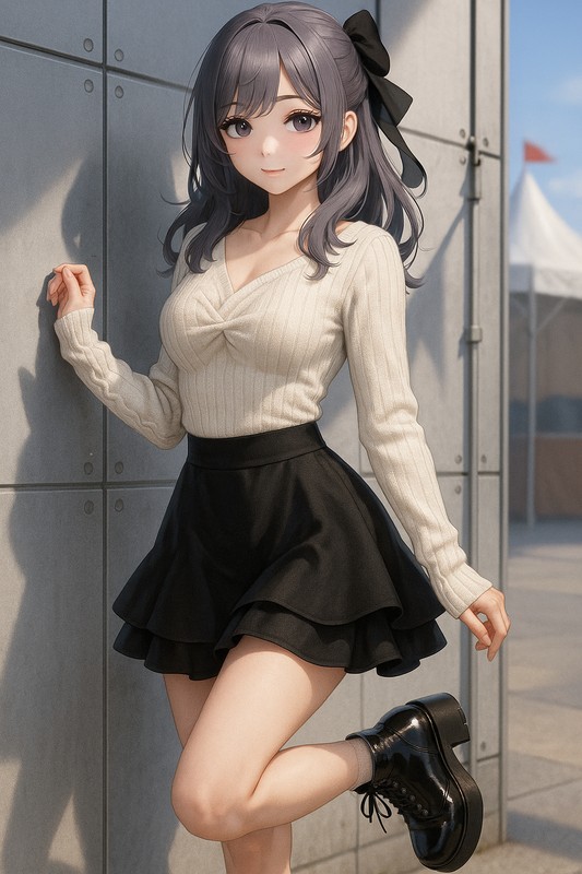 ツイストリブニット×黒ティアードの上品モノトーン|量産型女子AIイラスト