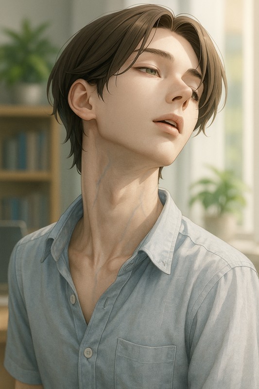 薄手シャツの襟元から透ける青い血管の再現|AIイラスト、プロンプト紹介