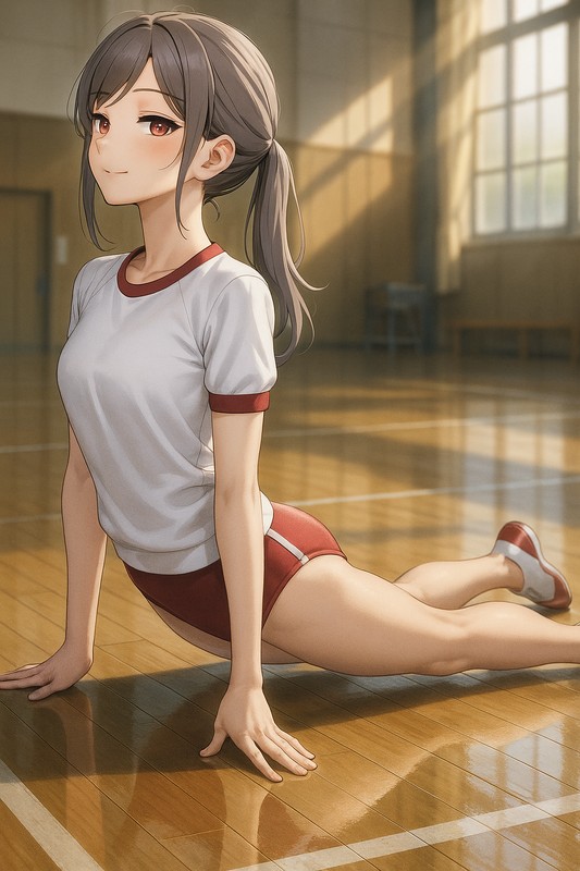 体操服・ブルマ姿でストレッチをする美少女のAIイラスト