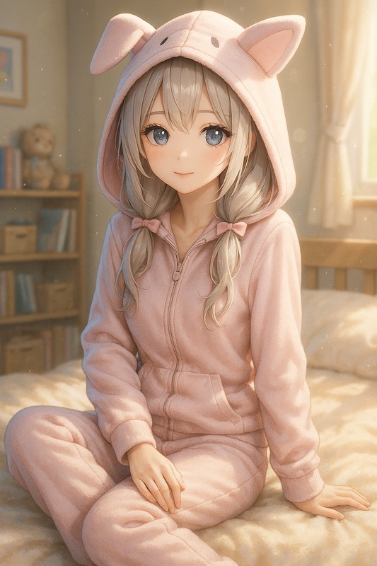 動物耳付きフードパジャマを着る美少女AIイラスト|プロンプト紹介