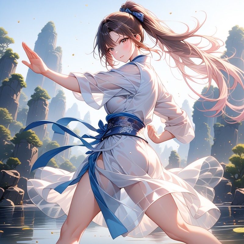 Stable Diffusion系AIで生成したカンフーの構えをする美少女イラスト