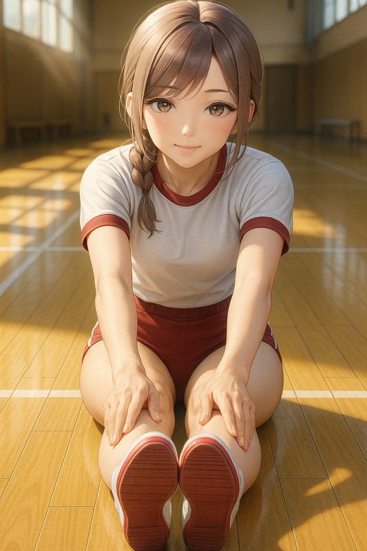 体操服・ブルマ姿で前屈ストレッチをする美少女のAIイラスト