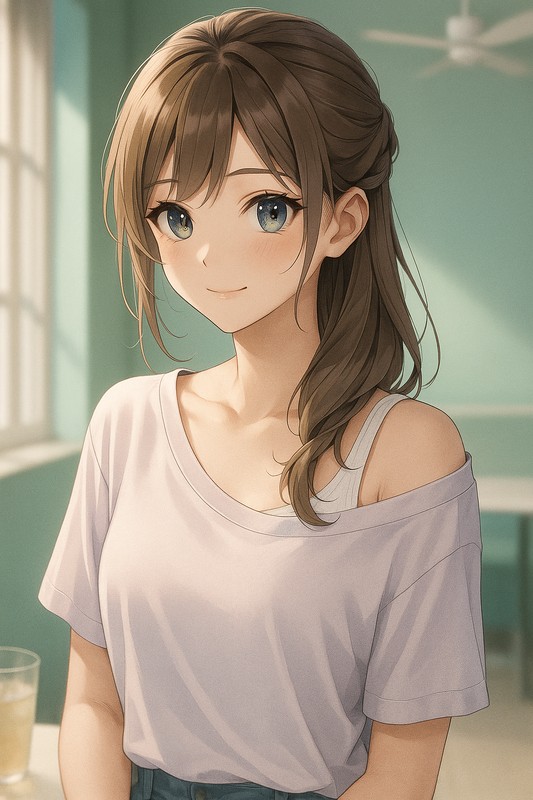 タンクトップがTシャツから覗いているAIイラスト|プロンプト紹介