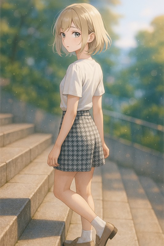 階段の中段で立ち止まる美少女のAIイラスト|プロンプト紹介