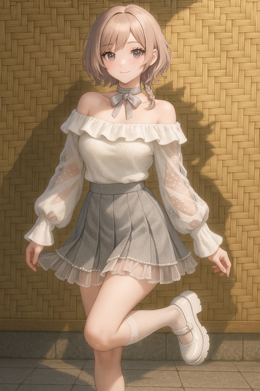 フェザーオフショル×メッシュプリーツの透け感フェミニン|量産型女子AIイラスト