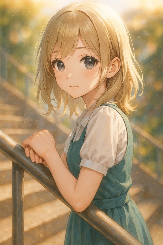 階段の手すりに寄りかかる美少女のAIイラスト|プロンプト紹介