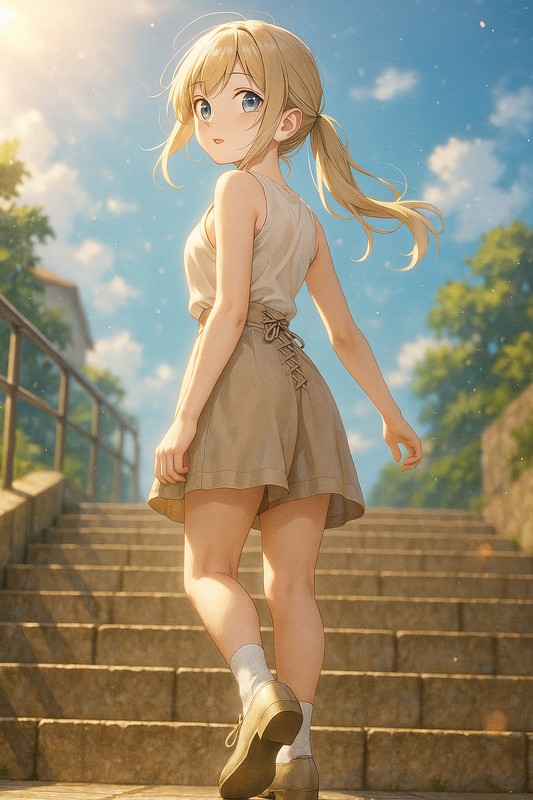 階段途中で振り返る美少女のAIイラスト|プロンプト紹介