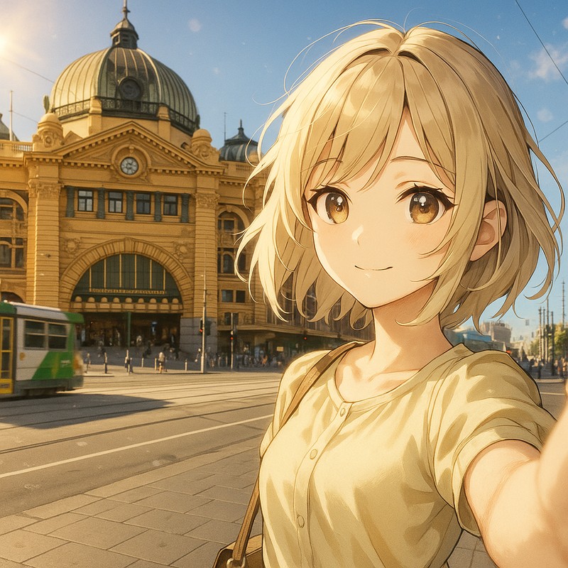 フリンダース・ストリート駅前のAIイラスト|プロンプト紹介・世界の街並み