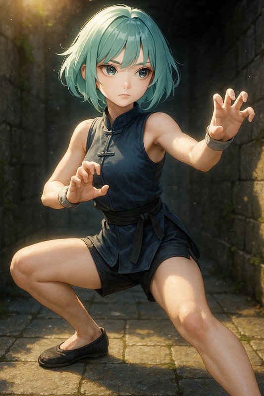 伏虎步の構えをする美少女AIイラスト|カンフープロンプト紹介