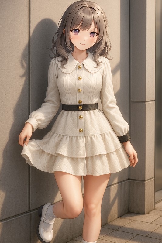 キルティング×スカラップ衿のふんわりアイボリーワンピ|量産型女子AIイラスト