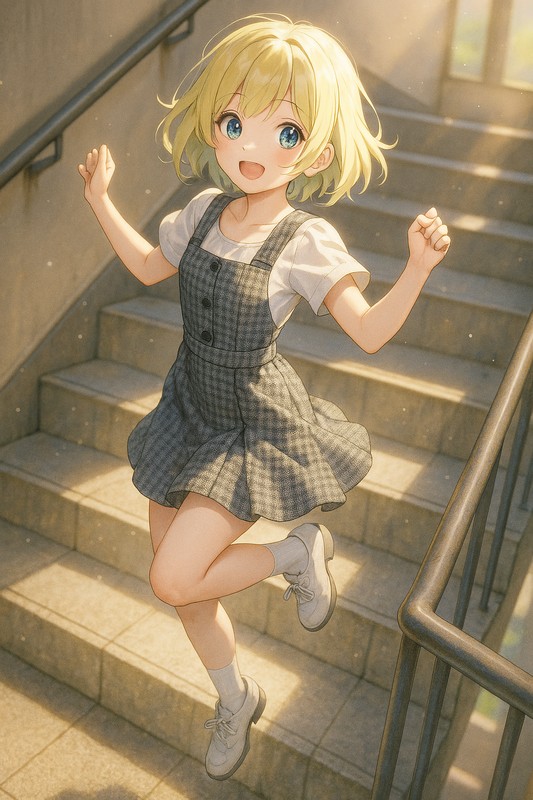 階段の踊り場でジャンプ美少女のAIイラスト|プロンプト紹介