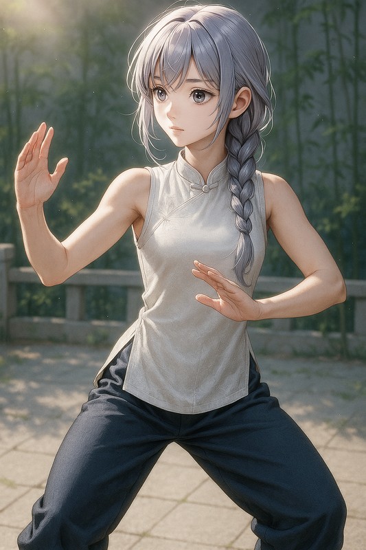 雲手の構えをする美少女AIイラスト|カンフープロンプト紹介