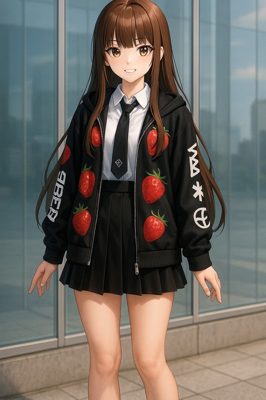 いちごパーカー×制服風ネクタイコーデ|地雷系のAIイラスト