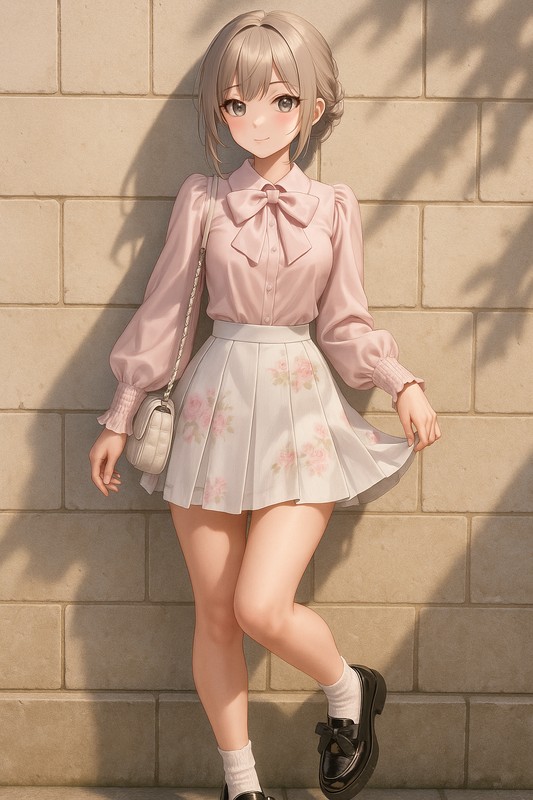 ビッグリボンブラウス×ローズ柄プリーツの白ピンク甘コーデ|量産型女子AIイラスト