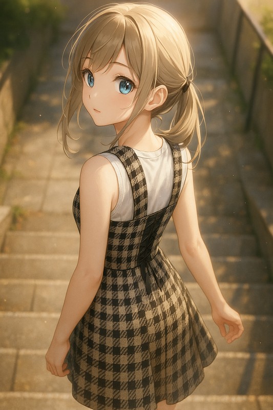 階段の上で振り返る美少女のAIイラスト|プロンプト紹介