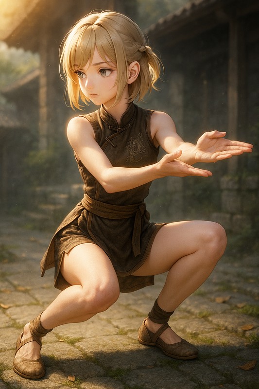 猿猴獻桃の構えをする美少女AIイラスト|カンフープロンプト紹介