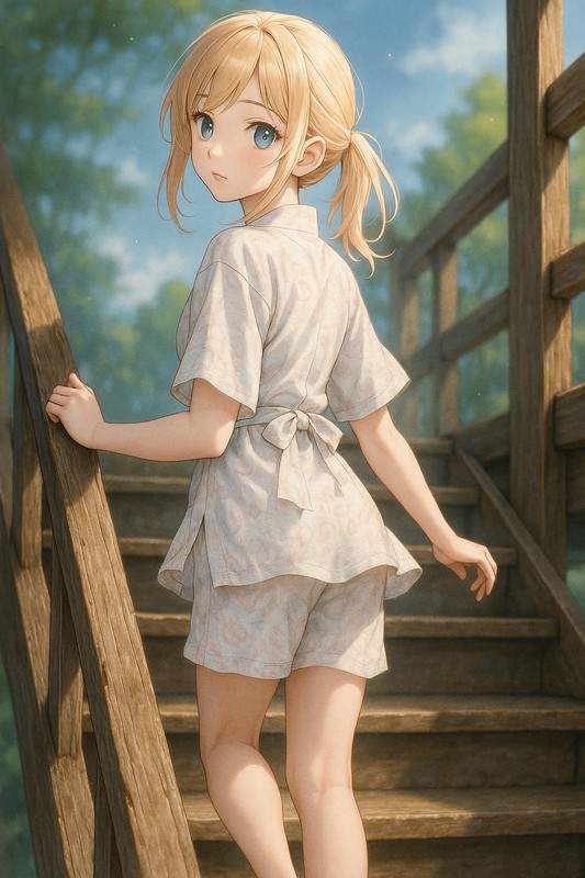 木製階段を登る美少女|プロンプト紹介