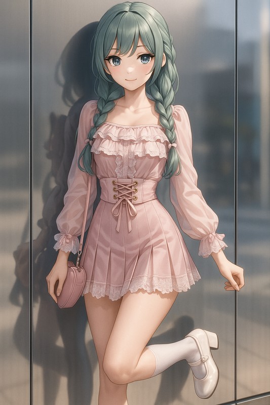 レースフリル×ピンクプリーツの量産ガーリールック|量産型女子AIイラスト