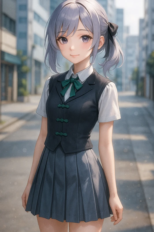 ベスト×半袖シャツ×チャイナ風リボンの制服アレンジ|AIイラストプロンプト紹介