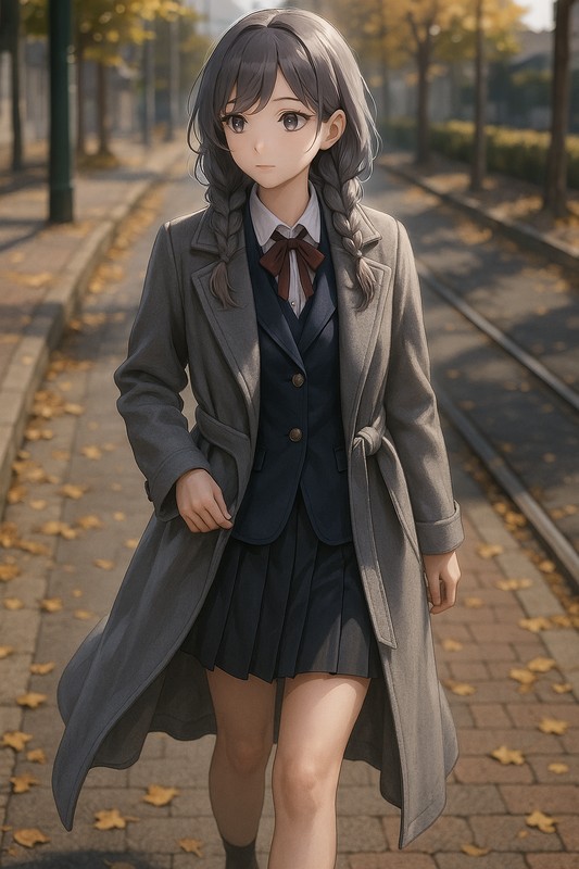 ブレザー制服の上にロングコートを重ね着する美少女のAIイラスト
