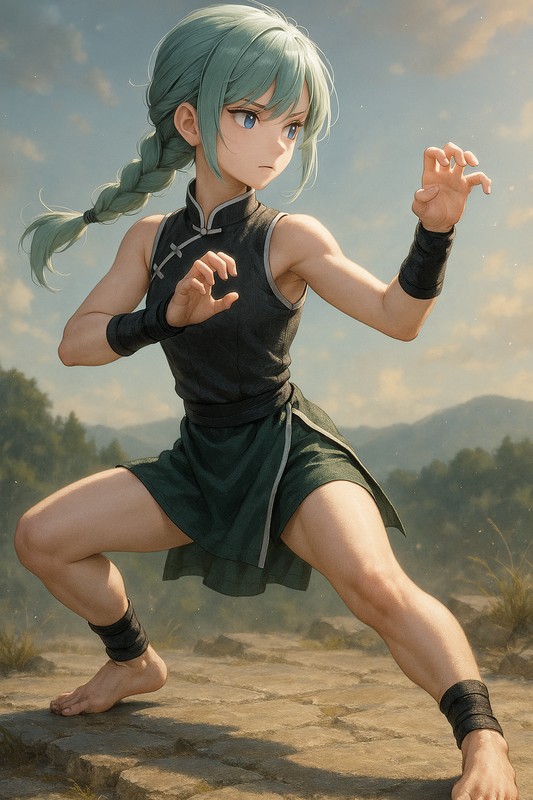 虎步の構えをする美少女AIイラスト|カンフープロンプト紹介