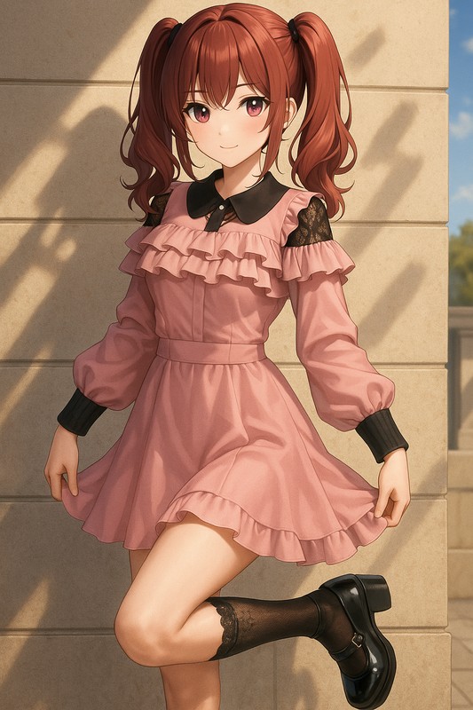 ピンクフリルワンピ×黒レースソックスの量産ドールコーデ|量産型女子AIイラスト