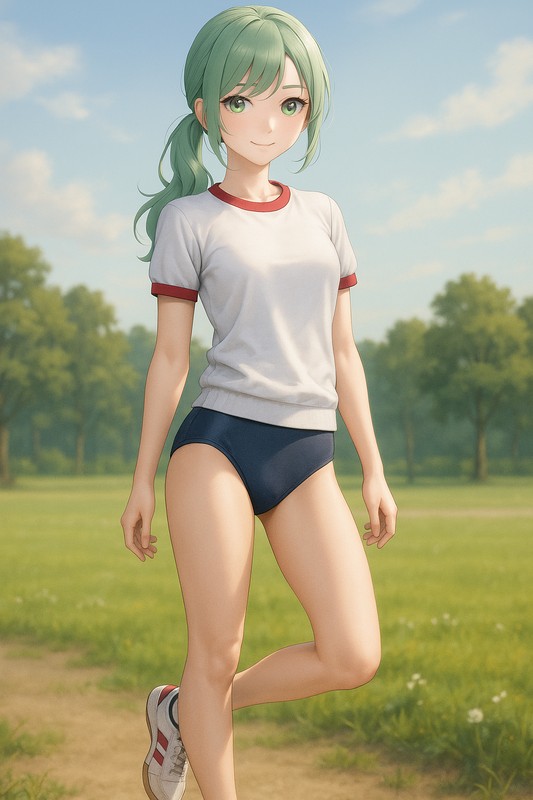 クラシック型ブルマ・白赤ラインTシャツのAIイラスト