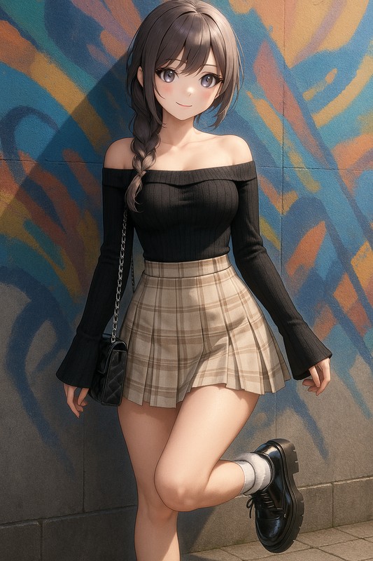 黒オフショル×ベージュチェックの大人ガーリー|量産型女子AIイラスト