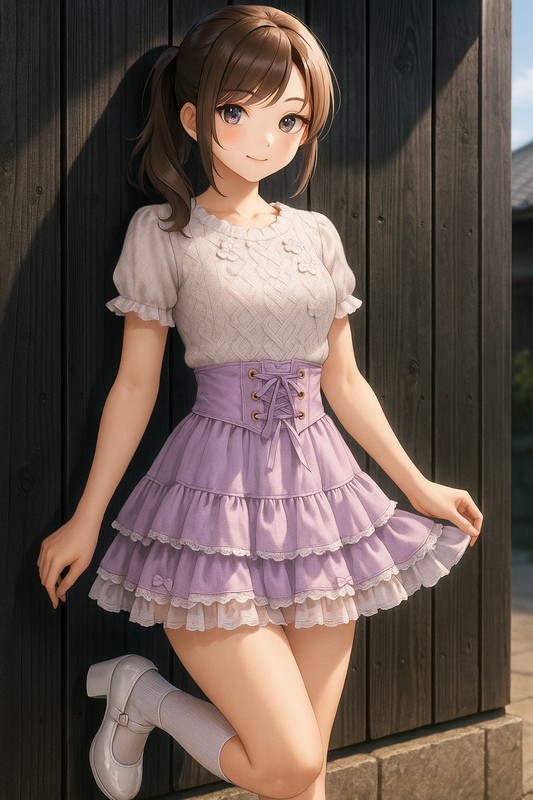 白ニット×ライラックコルセットのふんわりラブリーコーデ|量産型女子AIイラスト
