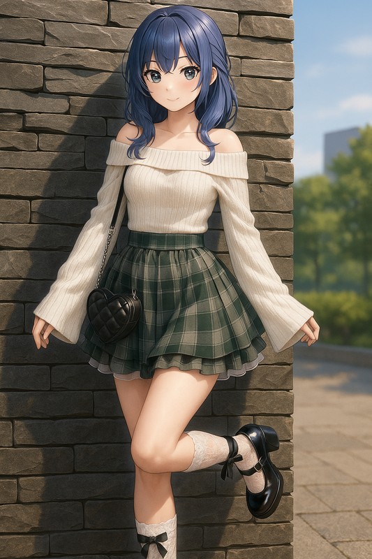 オフショルリブニット×グリーンチェックのトレンド制服風|量産型女子AIイラスト