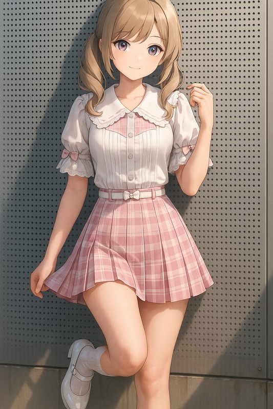 セーラー襟×ピンクチェックの王道ガーリー制服風|量産型女子AIイラスト