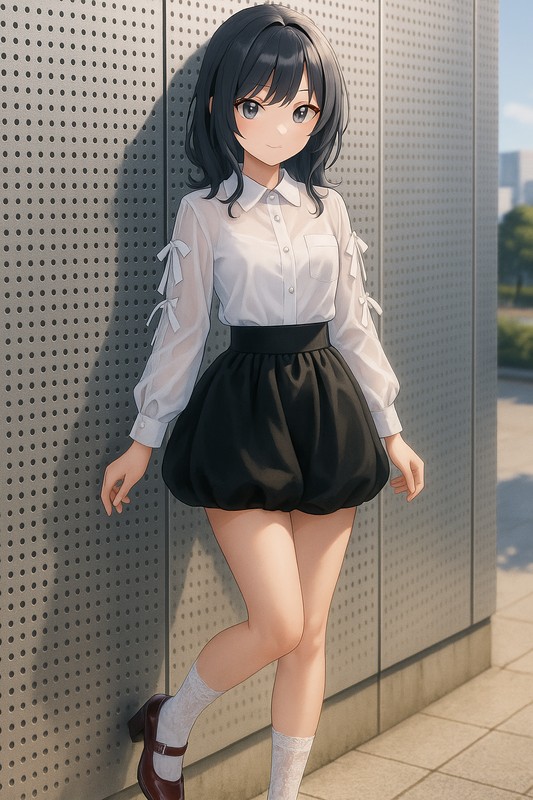 シアーシャツ×黒バルーンスカートのモードガーリー|量産型女子AIイラスト