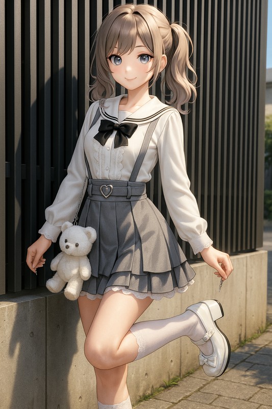 リボンセーラーブラウス×グレーティアードの優等生コーデ|量産型女子AIイラスト
