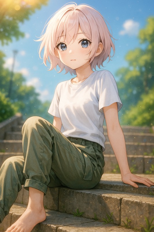 階段に腰掛ける美少女AIイラスト|プロンプト紹介