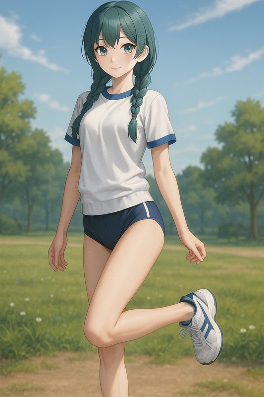 サイドライン型ブルマと白青ラインTシャツのAIイラスト