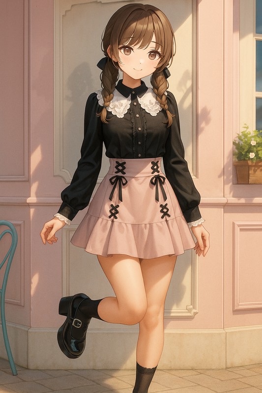 黒レース襟ブラウス×ピンクサスペンダーの甘辛クラシカル|量産型女子AIイラスト